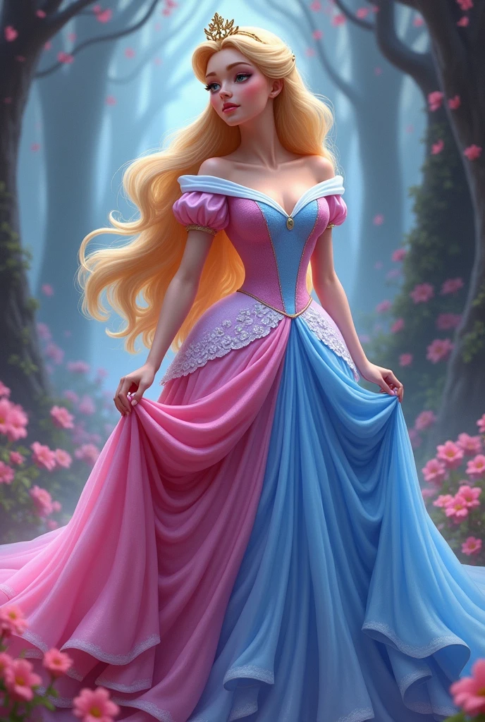 In her iconic dress, Sleeping Beauty, also known as Princess Aurora, is often depicted in a stunning gown that varies between pink and blue. The dress features a fitted bodice with puffed sleeves, a flowing full skirt, and delicate detailing. Her blonde hair is styled in soft waves or an elegant updo, sometimes adorned with a simple crown or headpiece. The gown's vibrant colors and graceful design capture the elegance and charm of the beloved fairy tale character.