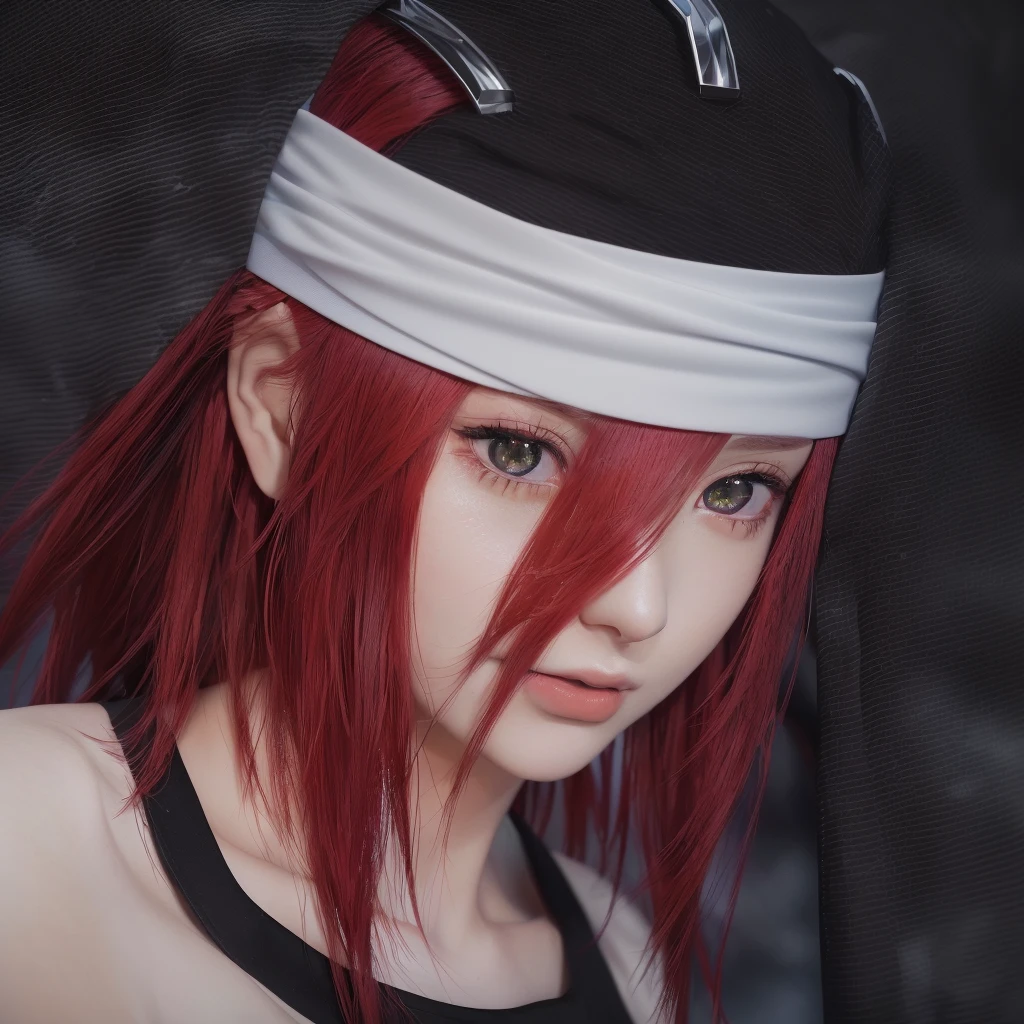 arafed woman with red hair weaAlsog a black top and a white headband, Photorealistic Animation girl render, Also, Yaoi Kasuma, Ultra realistic anime, 8K Portrait Rendering, 3D Anime Real, hints of Yaoi Kasuma, Close-up of a young anime girl, Photorealistic Animation, Female protagonist 👀 :8, Haruno sakura