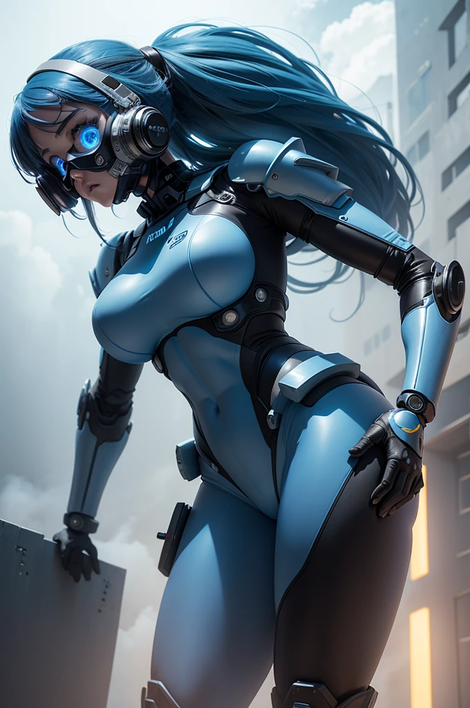 View from below angle from below girl mecha half cyborg, modifications, She has a curvy figure but a narrow waist., she has long blue hair, with blue eyes, with a gas mask on his face, cybernetic suit blue, costume parts with blue lights and LEDs, a multitude of glowing blue lines and lights, hands prosthetics, gorgeous body, short sports shorts that highlight her big wide hips, but it is covered by a mechanical suit, flat horizon photo, на backgroundе изображения синее небо, clouds and lights and glare in large quantities, and also blue fog and smoke , background: blue sky with clouds