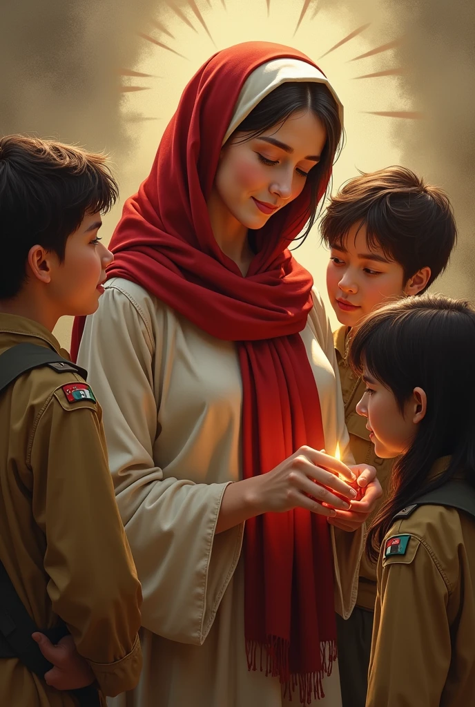 maria (mother of Jesus) Missionary Helping young people today Wearing a red scarf with a white border on the neck, scout style