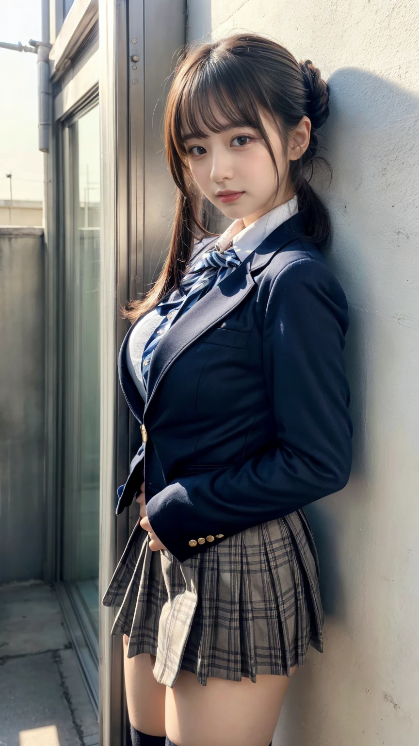 masterpiece, best quality, illustration, Super detailed, fine details, High resolution, 8K,wall paper, perfect dynamic composition,(Details High quality, realistic depiction of eyes:1.3), from side, High School Classroom、High school girl uniform、blazer 、Super Short Check Uniform Skirt、Navy blue high socks、garterbelts、plump breasts, Disturbed uniform, (updo:1.2), black hair color, large breasts, Big Natural Color Lip, bold sexy pose, (perfect body shape), crying a little、20 year old girl、cute type, beautiful legs, hposing Gravure Idol, Voluptuous thighs