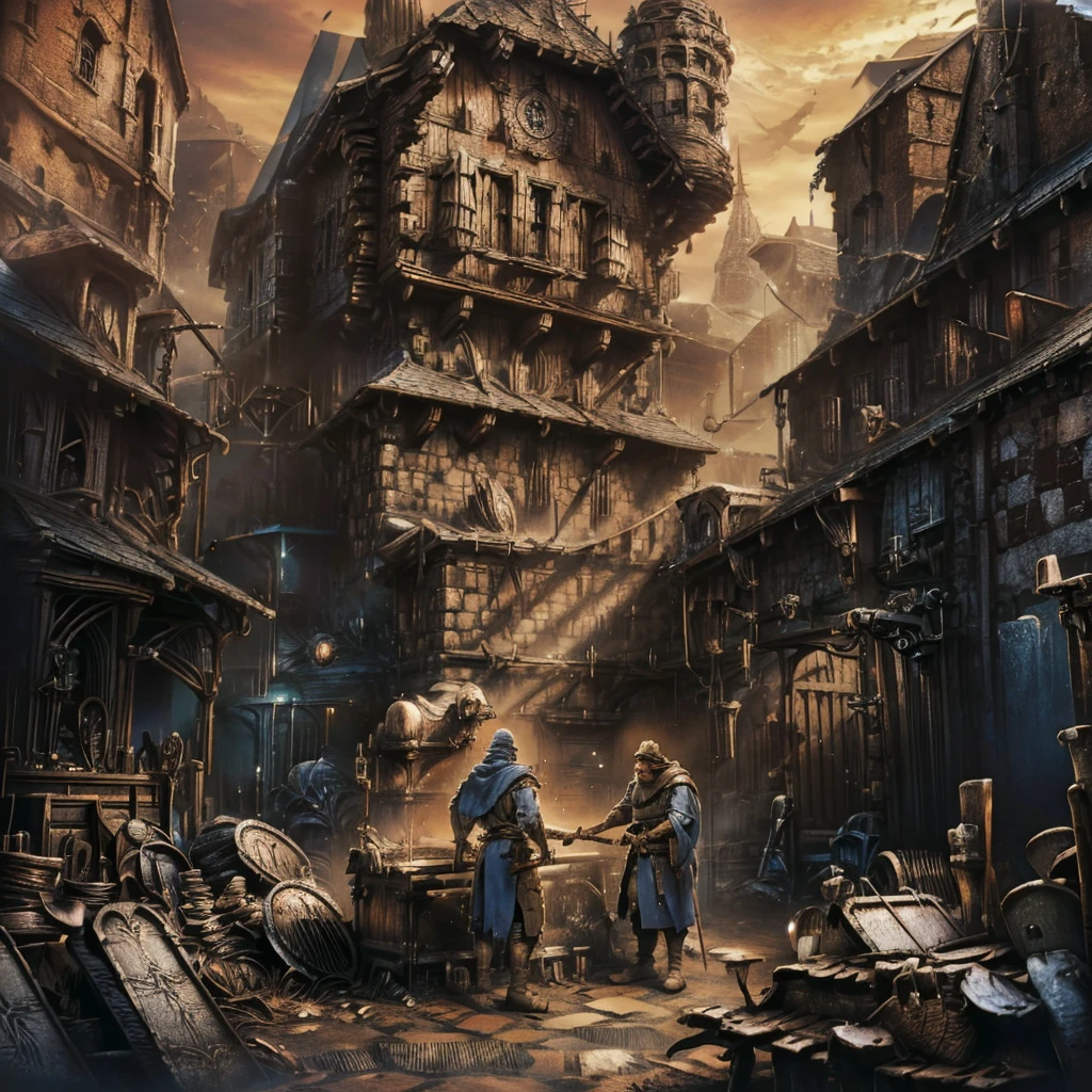 A middle-aged man(Medieval European Blacksmith，artisan，a carpenter，engineer)，wearing a headscarf，Wearing brown blue cloth，Armed with a hammer，Beating the iron block，There is a forging furnace nearby。Medium shot composition，full body pictures，Characters and scenes，game concept art style，Anime illustration style，Marker style，HD，4K。