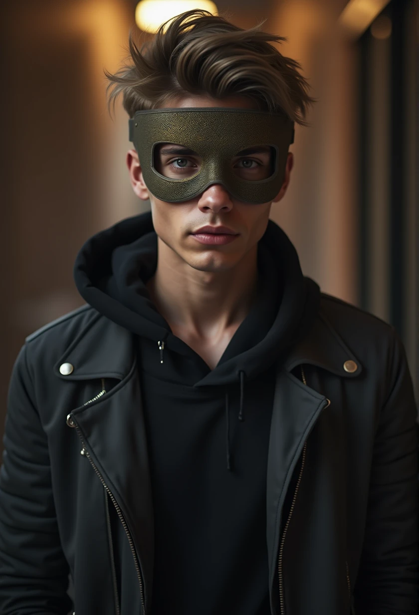 man with mask, yellow and white blonde hair thin face
