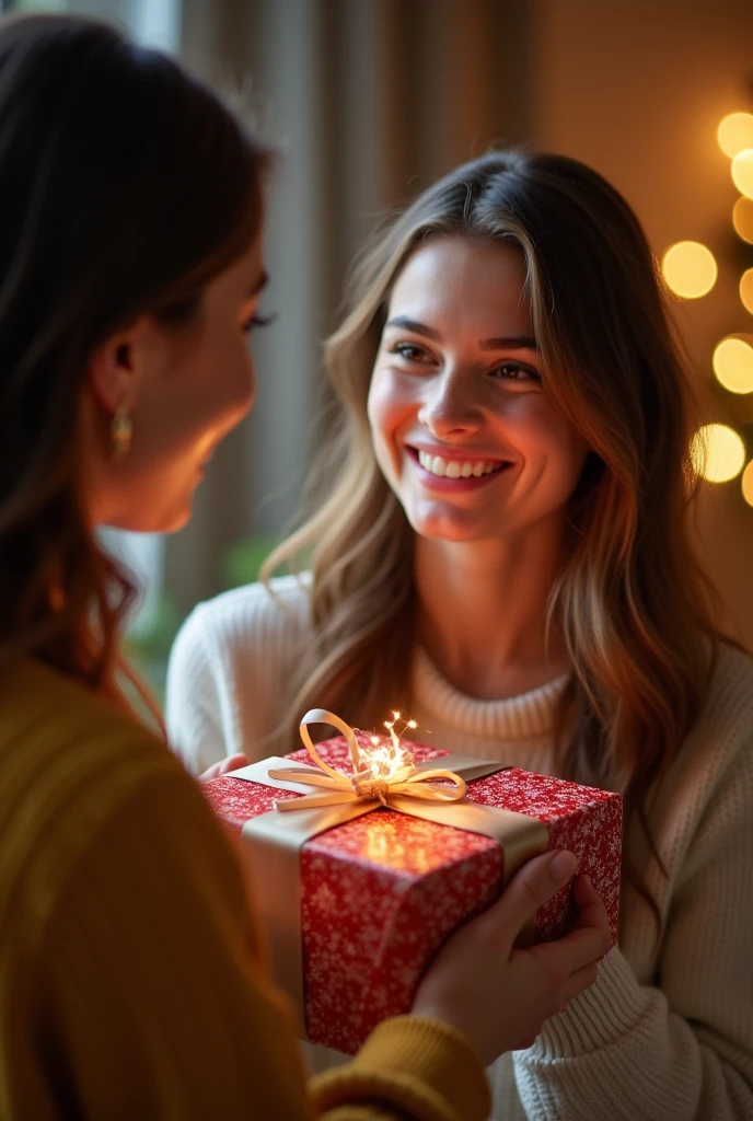 Create an image of a teenage daughter, around 15-17 years old, with a warm smile, handing a beautifully wrapped gift to her mother. The mother's expression should be one of joy and surprise, filled with love and appreciation. The scene should feel intimate and heartfelt, capturing the emotional connection between them. The lighting should be soft and warm, creating a cozy atmosphere. The background should be simple and blurred to emphasize the gift-giving moment and the expressions on their faces.