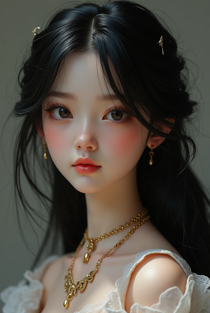 1 Girl,Long hair,Black hair, masterpiece, best quality, 8K, Delicate skin texture, Detailed fabric texture, Delicate face, Intricate details, Extremely detailed, Little Princess, Upper Body