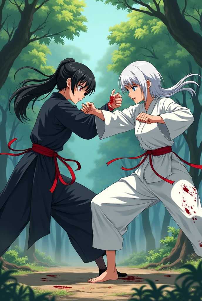Draw an anime scene where a black-haired, red-eyed girl in a black kung fu dress fights a white-haired, blue-eyed girl in a white kung fu dress in a Japanese forest... They are punching each other in the face and they are hurt and bleeding.