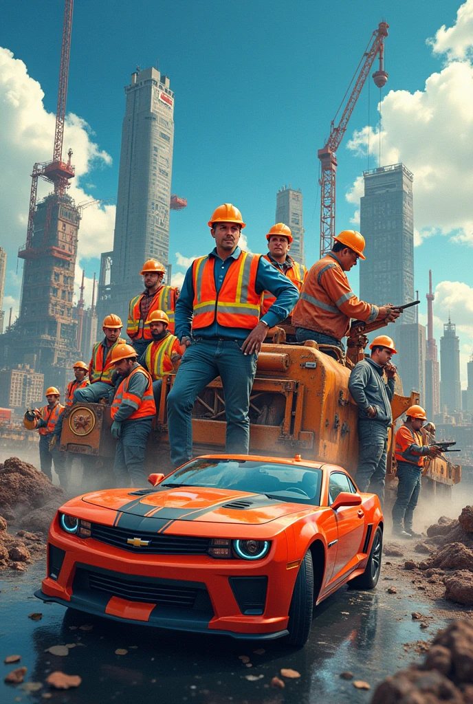 I want YouTube profile picture with the name of modern world also i want workers pictures on it also cars pictures and heavy duty mechine pictures on it