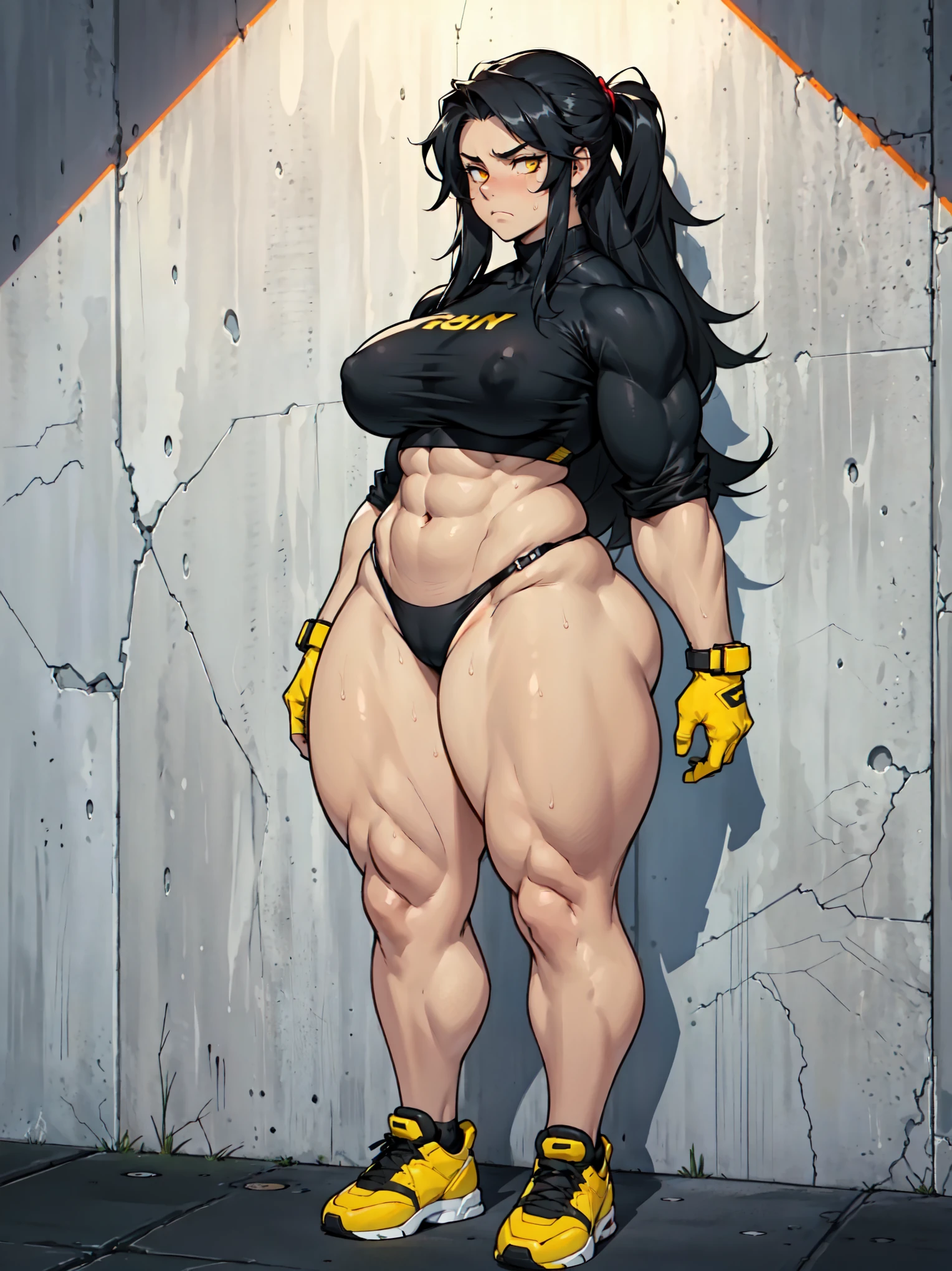 female huge breasts ((((((1girl)))))) (((muscular))) (((thick thighs huge breasts))) black hair yellow eyes solo sad frown pale skin sweaty concrete wall very long hair curvy wide hips bodybuilder perfect anatomy standing ((full body))