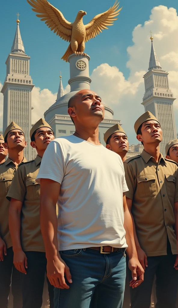 painting of Indonesian independence with the Garuda letter and heroes and the capital city of the archipelago, asian mature man, good looking, baldy, thin look at the sky, wearing white t-shirt and jeans with other man around his