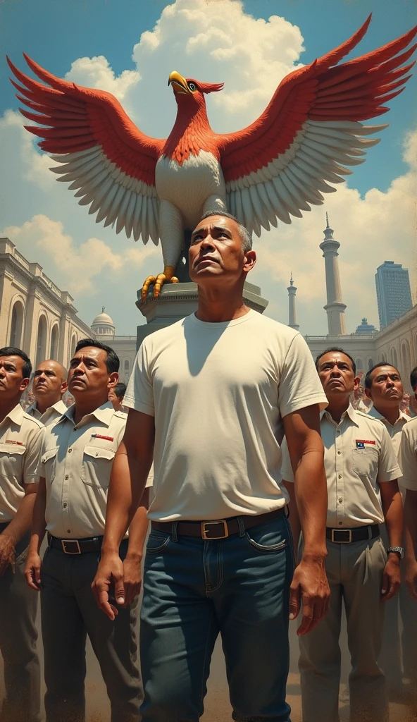 painting of Indonesian independence with the Garuda letter and heroes and the capital city of the archipelago, asian mature man, good looking, baldy, thin look at the sky, wearing white t-shirt and jeans with other man around his