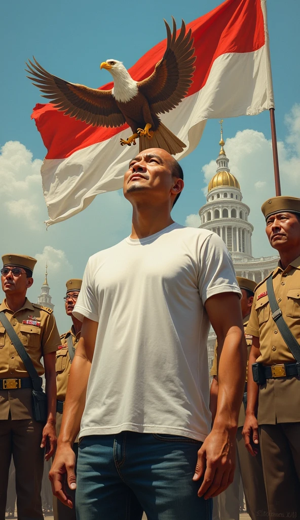 painting of Indonesian independence with the Garuda letter and heroes and the capital city of the archipelago, asian mature man, good looking, baldy, thin look at the sky, wearing white t-shirt and jeans with other man around his