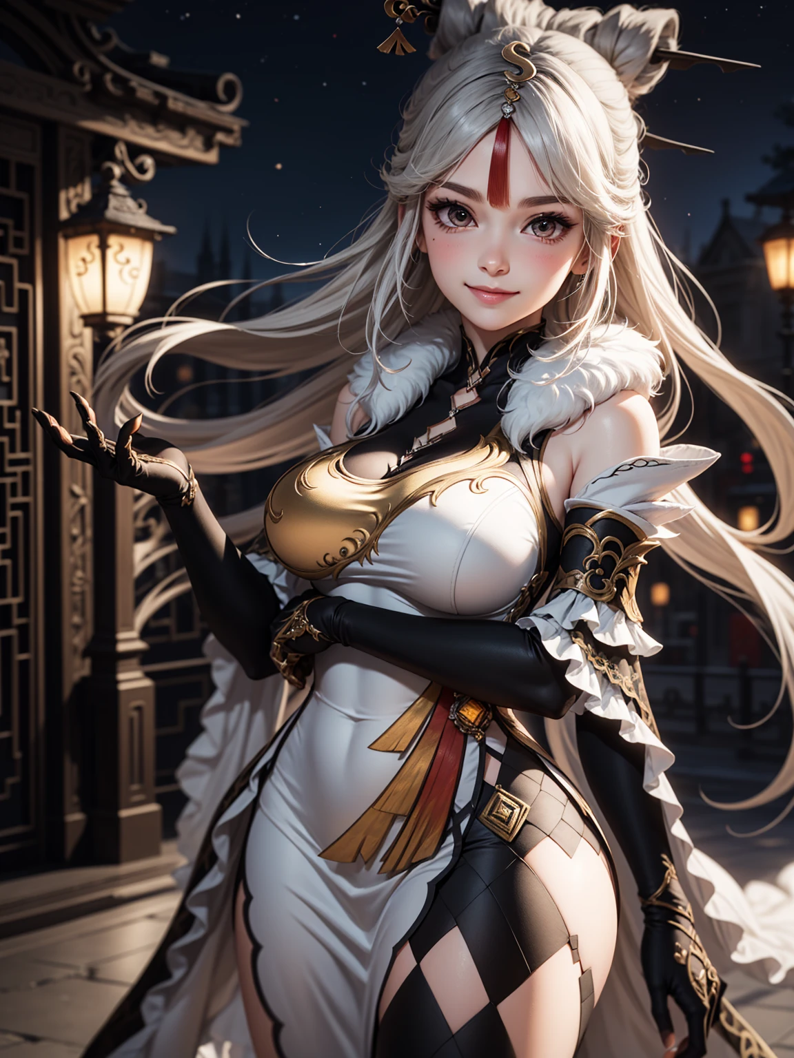 Masterpiece, high quality, 8k,detailed body, ultra detailed, detailed face, standing, blush, bright eye, outdoors, (detail face), ningguangdef, (gigantic breasts),(night), half body, smile,
