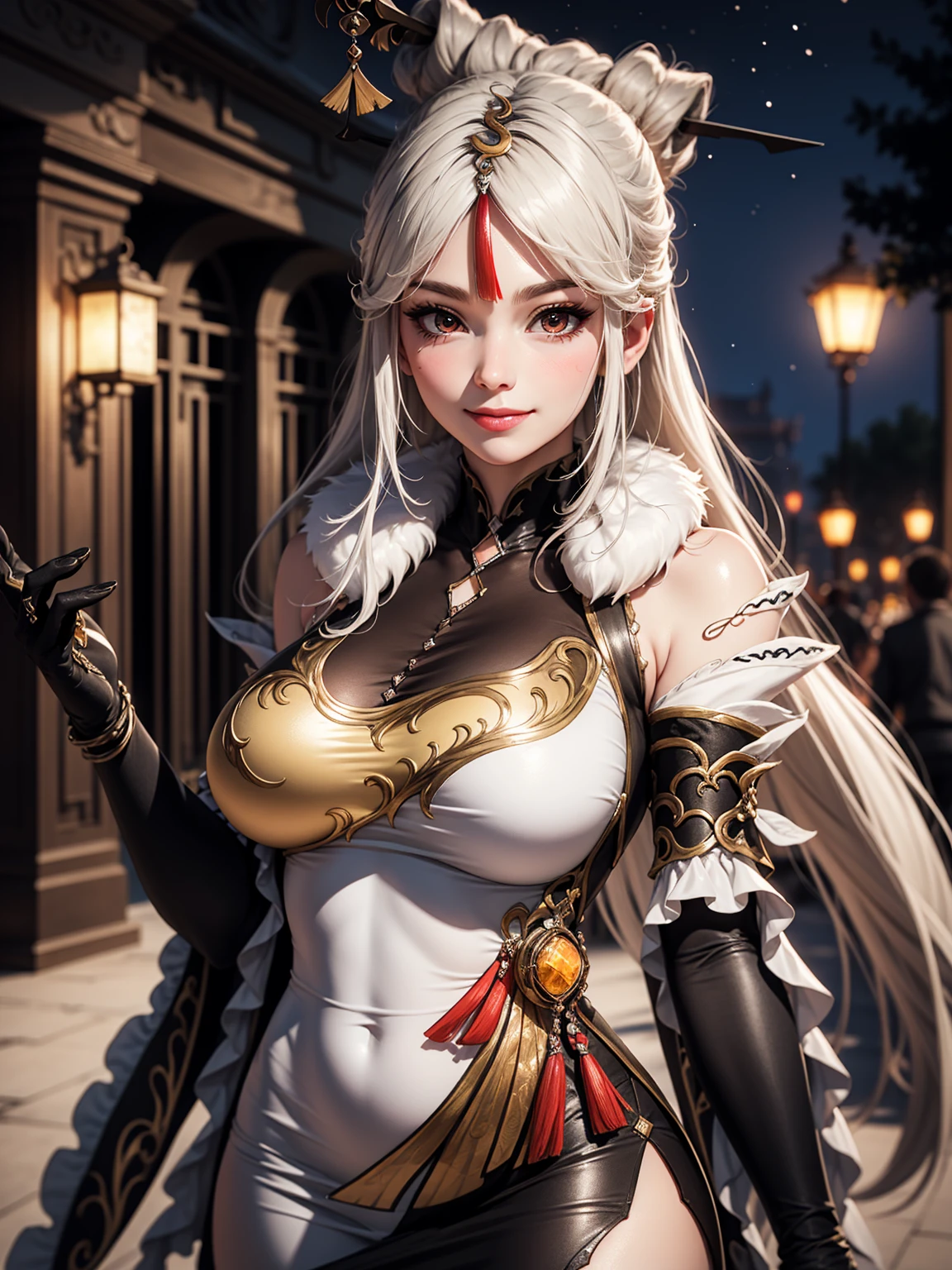Masterpiece, high quality, 8k,detailed body, ultra detailed, detailed face, standing, blush, bright eye, outdoors, (detail face), ningguangdef, (gigantic breasts),(night), half body, smile,