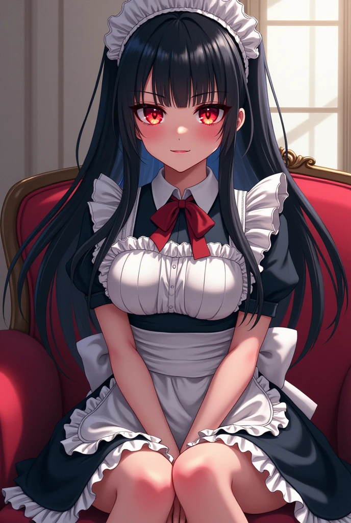 Draw Anime Style Adult Girl, maid outfit, Bblack hair,long hair,black bangs, perfect hands, malicious expression, perfect toes, heart pupils 