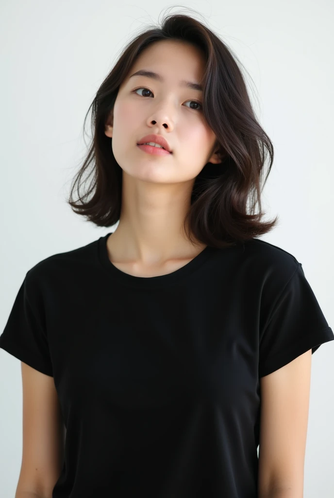 Young woman in plain black t-shirt, on a white background 