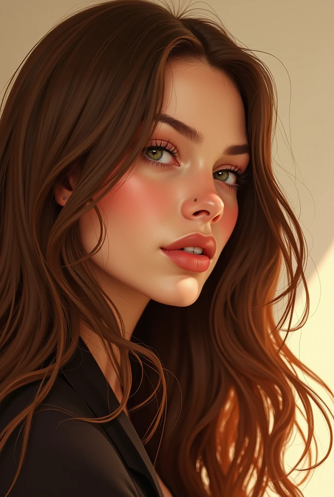 an realistic illustration of a woman with long brown hair, in the style of ingrid baars, j. scott campbell, dark beige and light amber, close-up, thiago valdi, charming characters, 8k --ar 73:112 --stylize 750 --v 6