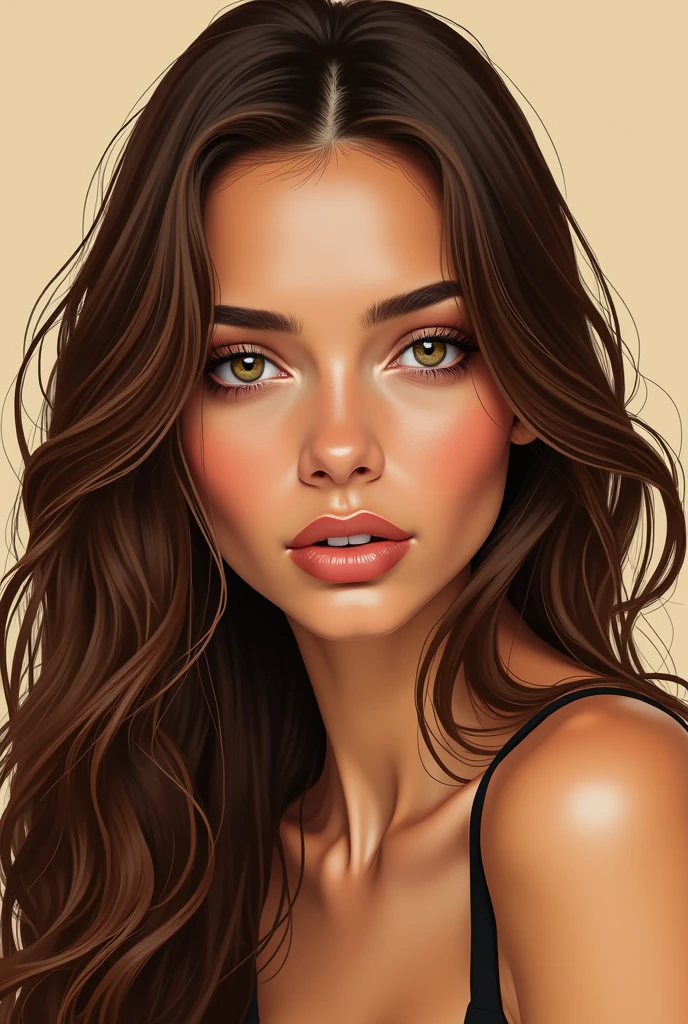 an realistic illustration of a woman with long brown hair, in the style of ingrid baars, j. scott campbell, dark beige and light amber, close-up, thiago valdi, charming characters, 8k --ar 73:112 --stylize 750 --v 6