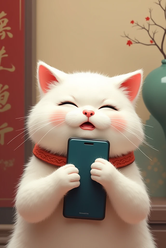 white cat holding mobile phone,sad expression,Cat holding mobile phone,Press love on mobile phone,,background chinese style,Magnet attracts the background