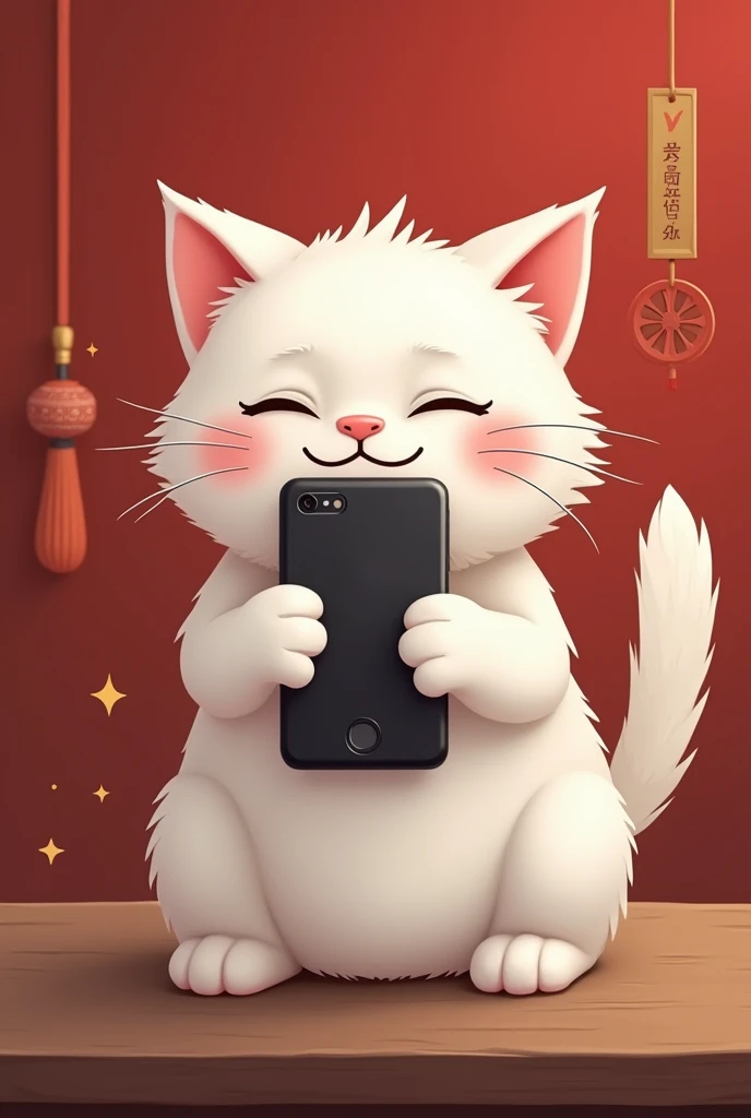 white cat holding mobile phone,sad expression,Cat holding mobile phone,Press love on mobile phone,,background chinese style,Magnet attracts the background