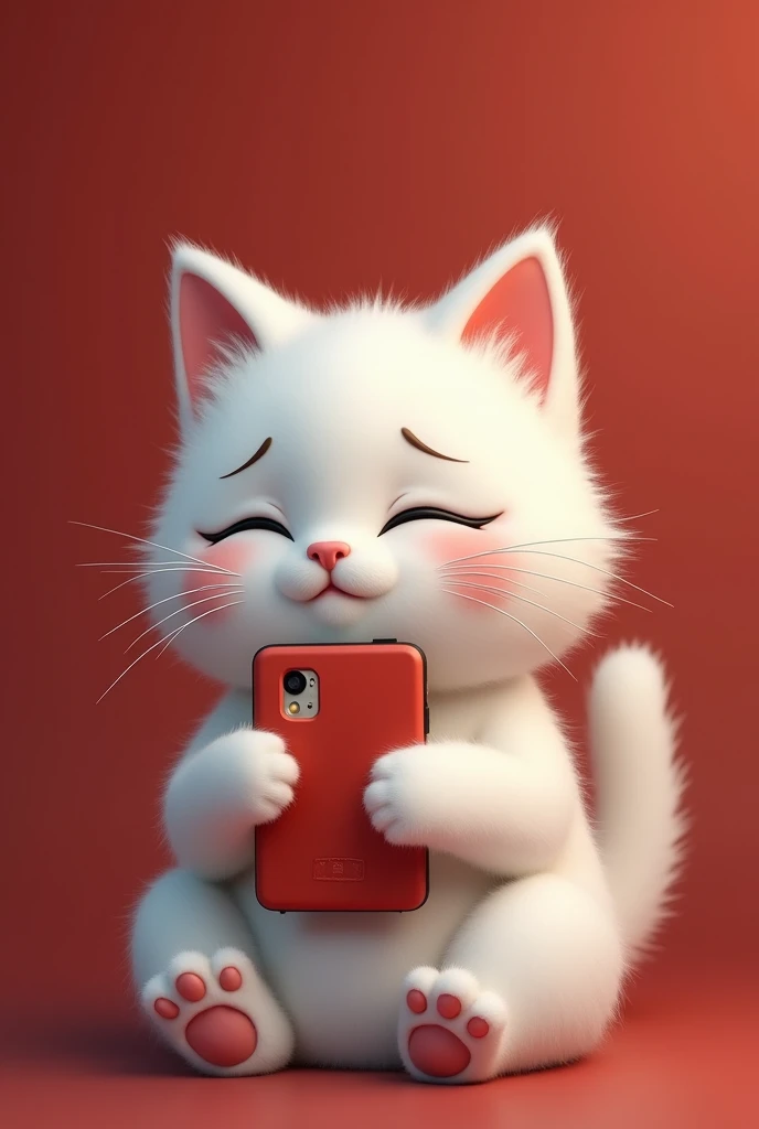 white cat holding mobile phone,sad expression,Cat holding mobile phone,Press love on mobile phone,,background chinese style,Magnet attracts the background