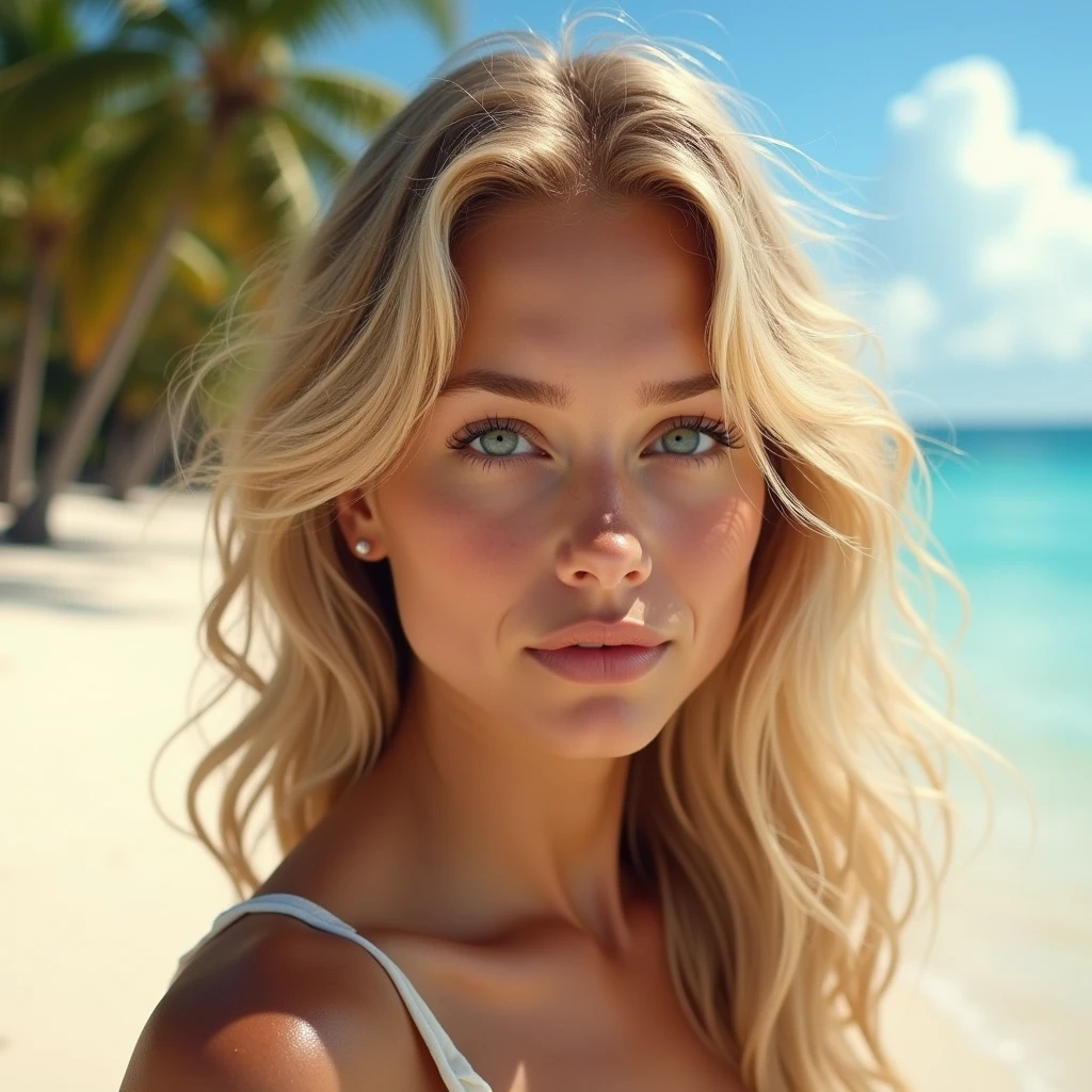 a beautiful girl, golden hair, fair skin, european face, beach, palm trees, daylight, (best quality,4k,8k,highres,masterpiece:1.2),ultra-detailed,(realistic,photorealistic,photo-realistic:1.37),1girl,extremely detailed eyes and face,beautiful detailed eyes,beautiful detailed lips,longeyelashes,summer,warm colors,natural lighting,sand,ocean,blue sky,fluffy clouds