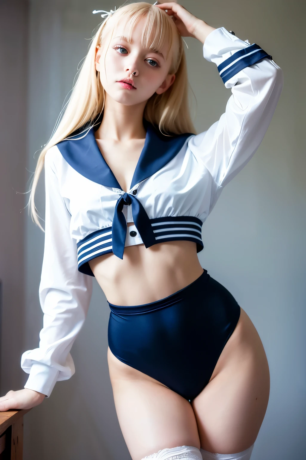 ((Highest quality)), ((masterpiece)), (detailed), One girl, Sexy sailor suit with exposed belly button 12 years old, a beautiful German girl with an innocent, lolita-like face and platinum blonde hair that reaches down to her ankles slim Dancing