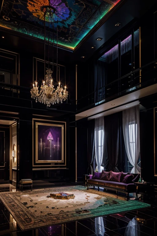 Very modern extra luxurious spooky mansion, penthouse, bedrooms, very beautiful, Beautiful colors, gemstones, artwork, rainbow