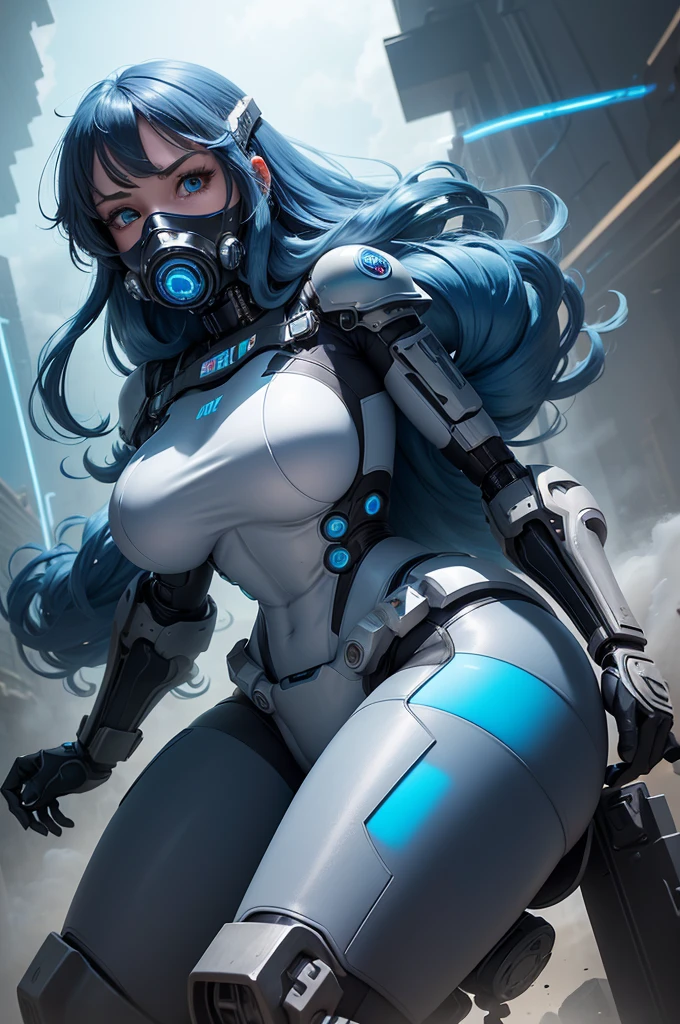 View from below angle from below girl mecha half cyborg, modifications, She has a curvy figure but a narrow waist., she has long blue hair, with blue eyes, with a gas mask on his face, cybernetic suit blue, costume parts with blue lights and LEDs, a multitude of glowing blue lines and lights, hands prosthetics, gorgeous body, short sports shorts that highlight her big wide hips, but it is covered by a mechanical suit, flat horizon photo, на backgroundе изображения синее небо, clouds and lights and glare in large quantities, and also blue fog and smoke , background: blue sky with clouds