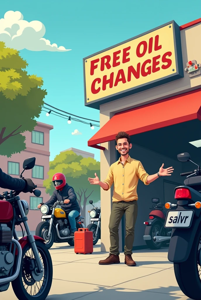 Man offering free oil changes for motorcycles animated and easy to draw easier to draw simpler