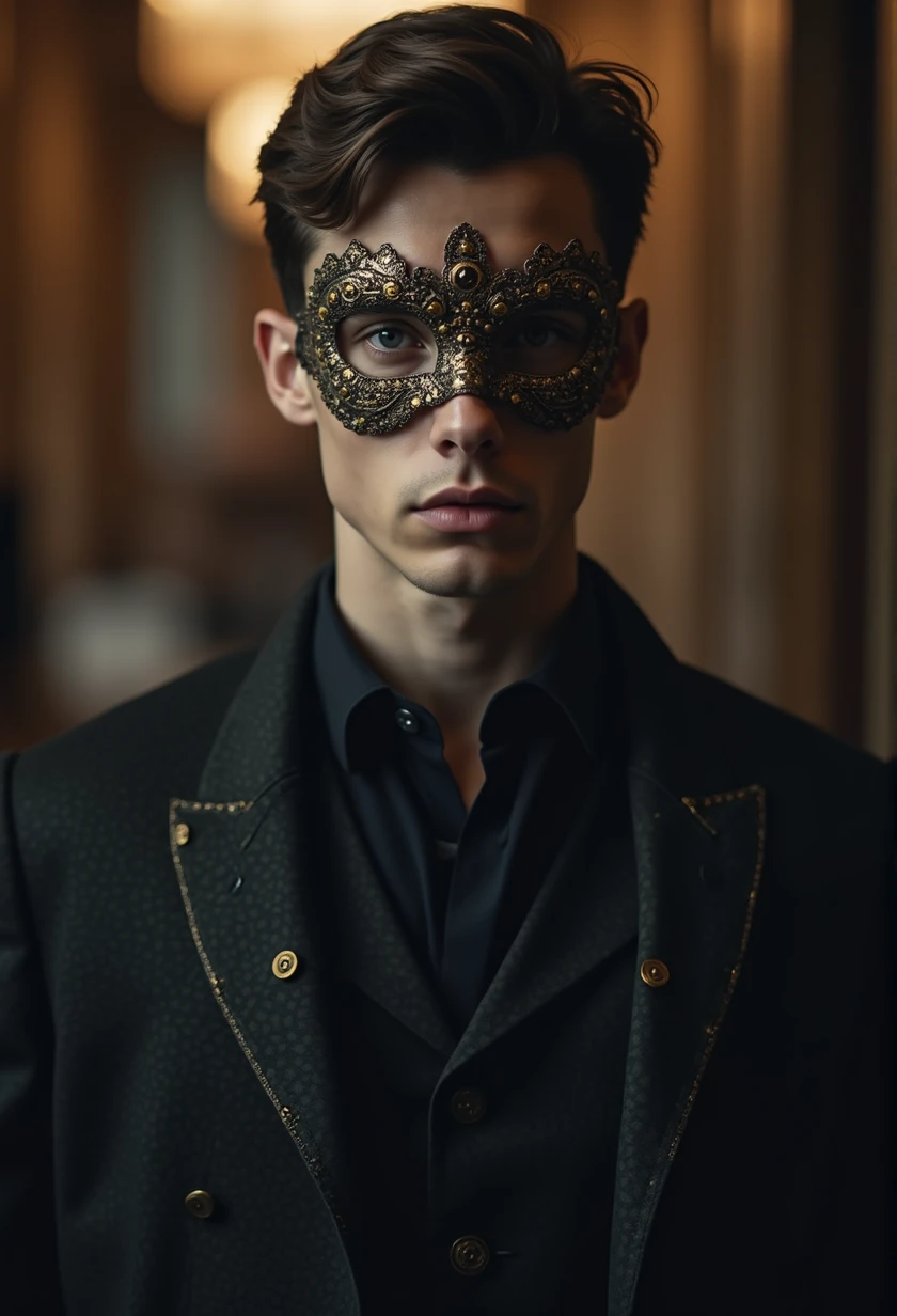 a man with a mask, golden details, blonde yellow and white hair, thin face, detailed face, sharp features, elegant, mysterious, dramatic lighting, cinematic, chiaroscuro, rich colors, ornate, majestic, intricate, ornamental, luxurious, regal, high quality, photorealistic, cinematic, dramatic, masterpiece