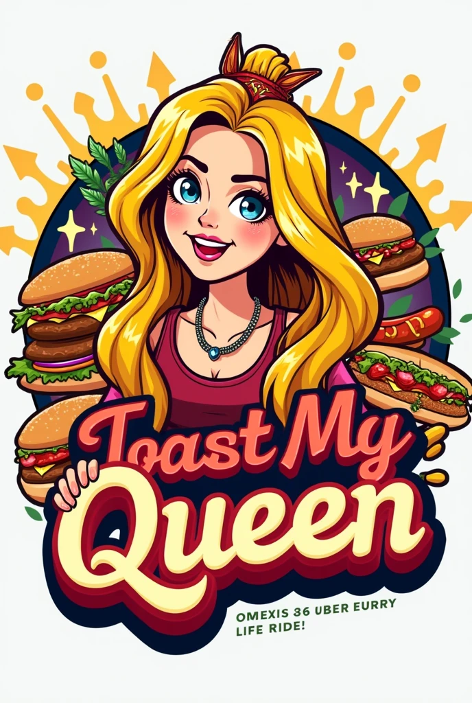 Fast Food Logo with yellow haired Reyenita girl,Burgers,hotdog,arepas and with the name of the logo that says "Toast My Queen"