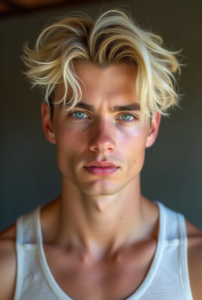 Create a realistic image of a young, manly, white-skinned twink man, blonde hair and blue eyes