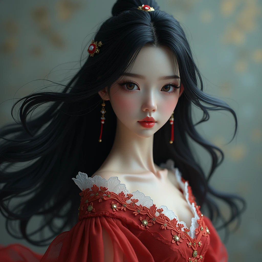 1 Girl,Long hair，Black hair， masterpiece, best quality, 8K, Delicate skin texture, Detailed fabric texture, Delicate face, Intricate details, Extremely detailed, Dark Princess Wind, Upper Body