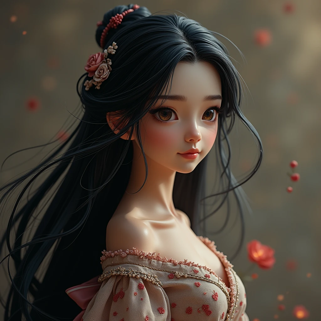 1 Girl,Long hair,Black hair, masterpiece, best quality, 8K, Delicate skin texture, Detailed fabric texture, Delicate face, Intricate details, Extremely detailed, Dark Princess Wind, Upper Body