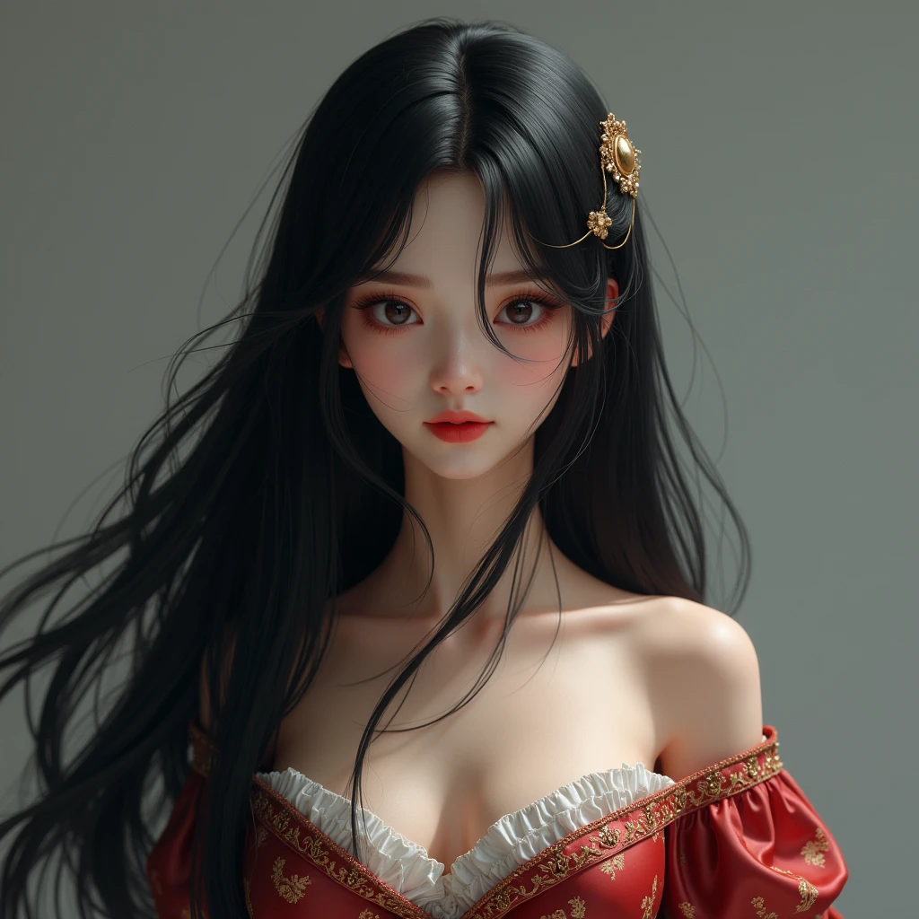 1 Girl,Long hair,Black hair, masterpiece, best quality, 8K, Delicate skin texture, Detailed fabric texture, Delicate face, Intricate details, Extremely detailed, Dark Princess Wind, Upper Body