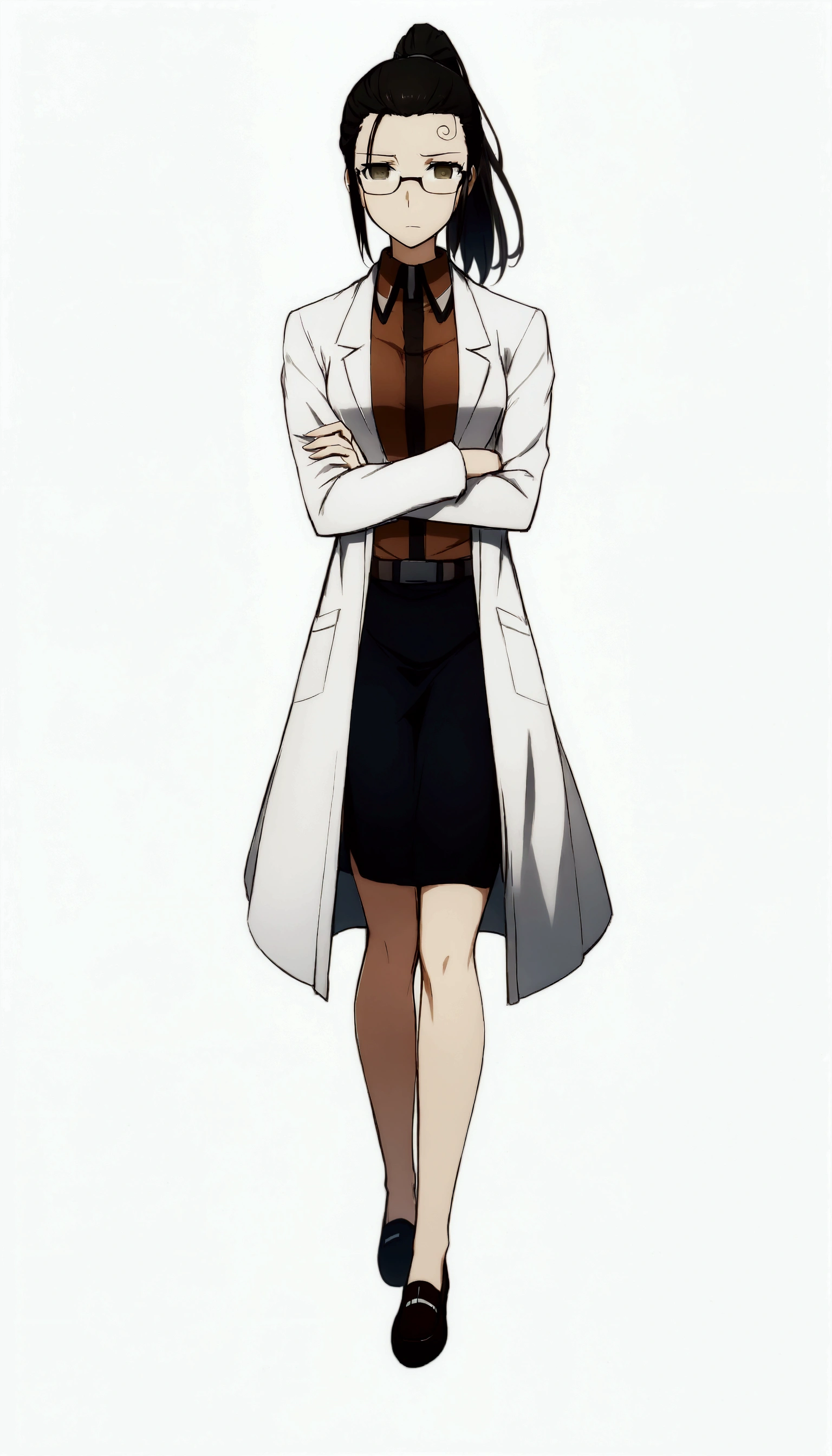 anime character of a woman in a lab coat and glasses, (ponytail forehead hair pulled back:1.3), (black hair:1.3), from girls frontline, fine details. girls frontline universe, girls frontline style, girls frontline cg, kantai collection style, by Akihiko Yoshida, female protagonist 👀 :8, with a lab coat, wearing lab coat and a blouse, mayuri shiina from steins gate, (doctor), doctor, wearing a labcoat, wearing a lab coat, full body illustration, anime full body illustration, wearing lab coat and glasses, wearing lab coat, professor clothes, hinata hyuga