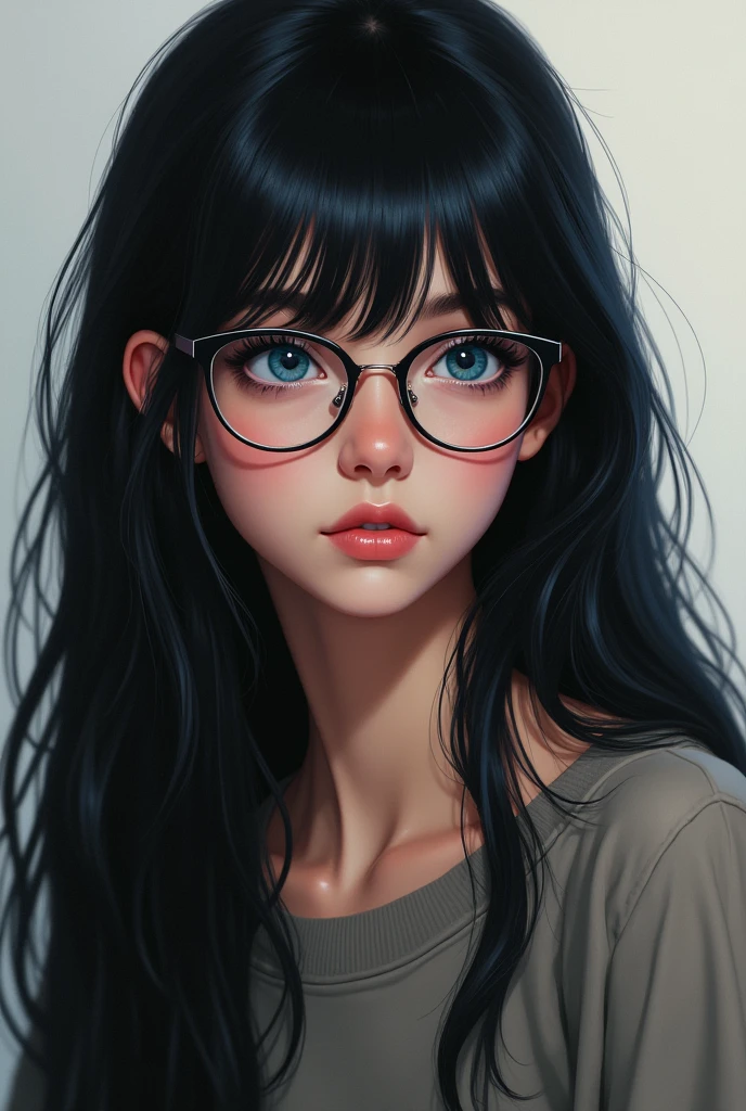 A 15 year old girl with long black hair and glasses and blue eyes