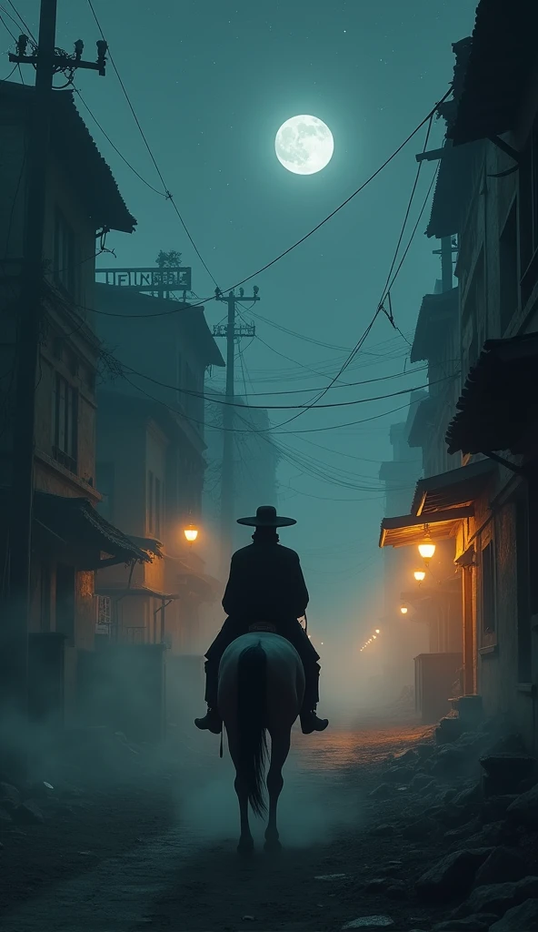 (High resolution photo quality) 4K definition, great brightness. A foggy night, in a city with old and abandoned buildings, the waning moon very far from view, but the starry sky and the orange lights of the streetlights illuminate the vastness a little, having a man on his horse, with a northeastern bandit hat, seeks light in the midst of chaos. 