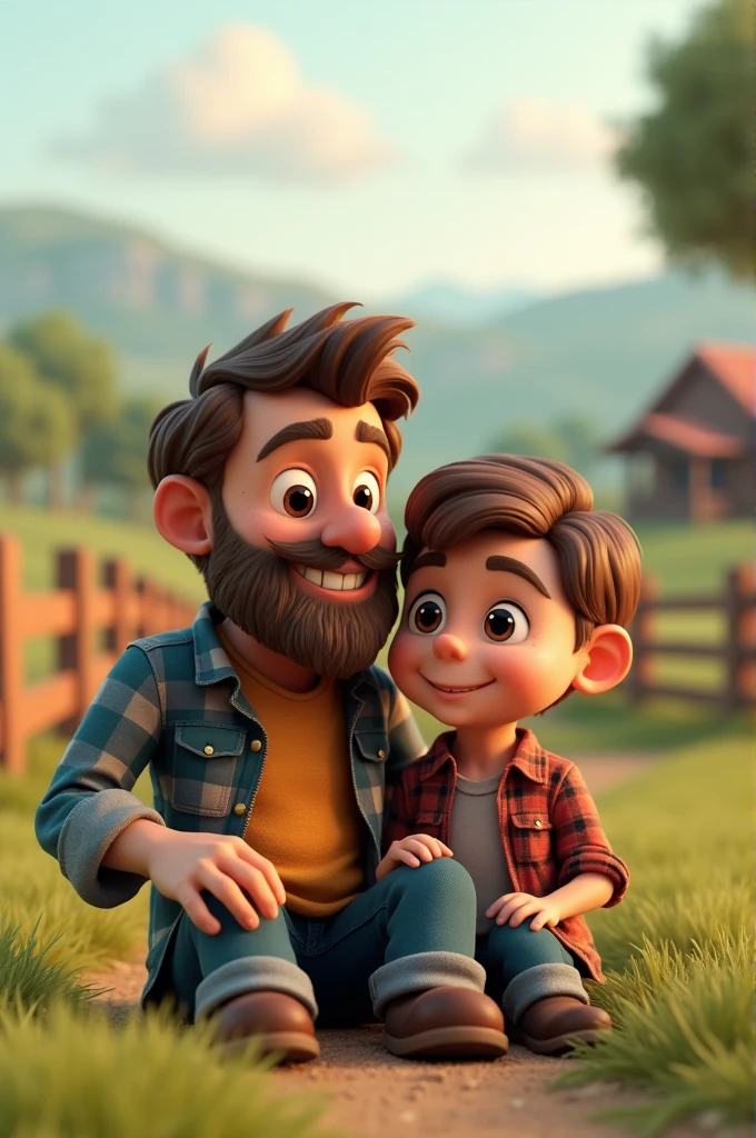 3D cartoon image of a country father and son sitting in a plaid shirt