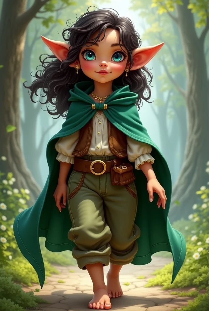 Young Dwarf with curly hair and dark blue eyes dressed in a green cloak, a white blouse underneath a brown vest and wearing pants that reach her ankle and barefoot