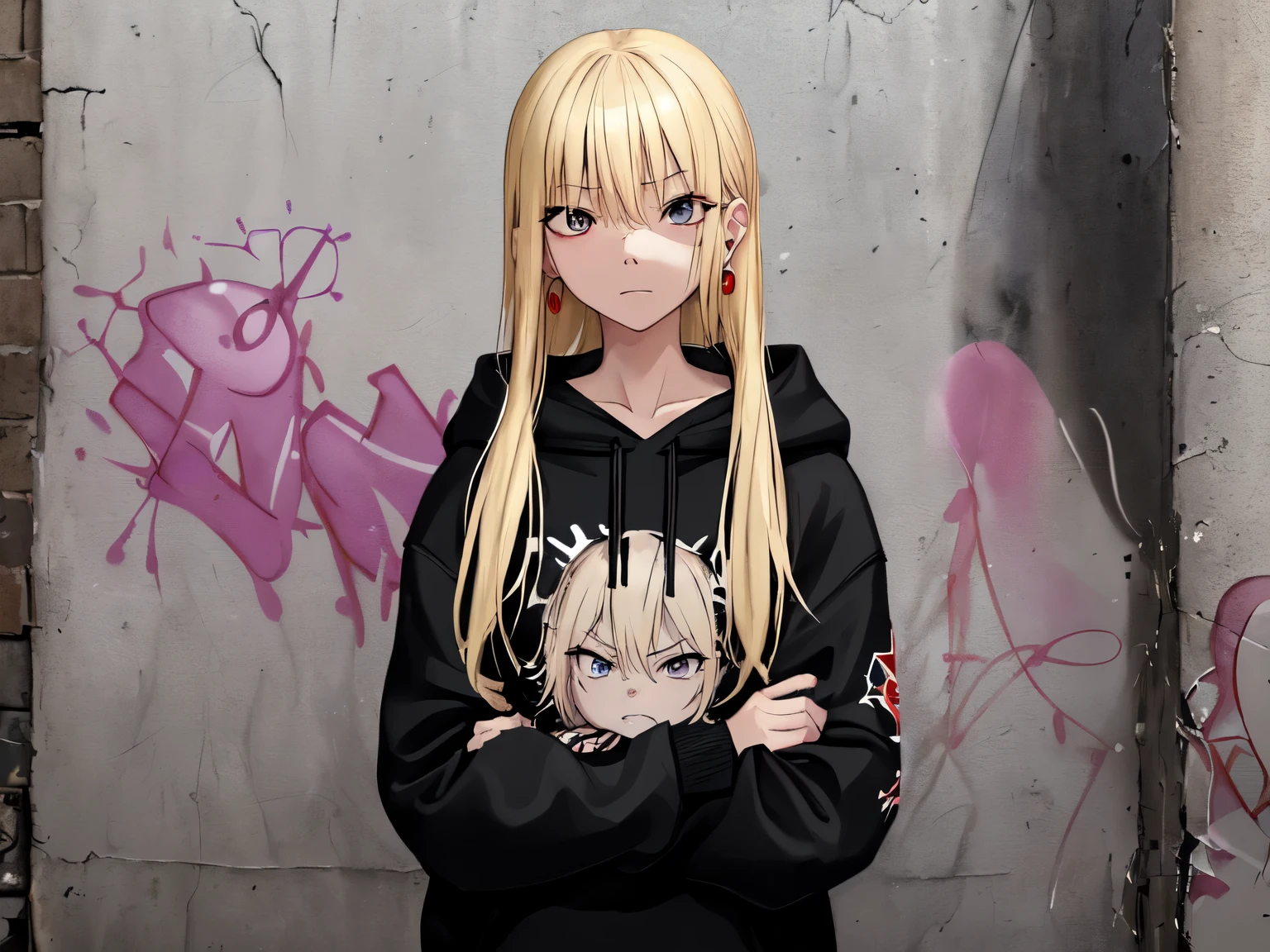 Absurd、高解像度 break クールな悪い女の子 1 人、Arms crossed、Blonde Hair、jeans、Hooded sweatshirt、Earrings、Gazing at the viewer、Focus on the girl、(Glaring at the viewer)、(Nasty humor) break (The background is graffiti street art in an alley:1.2)