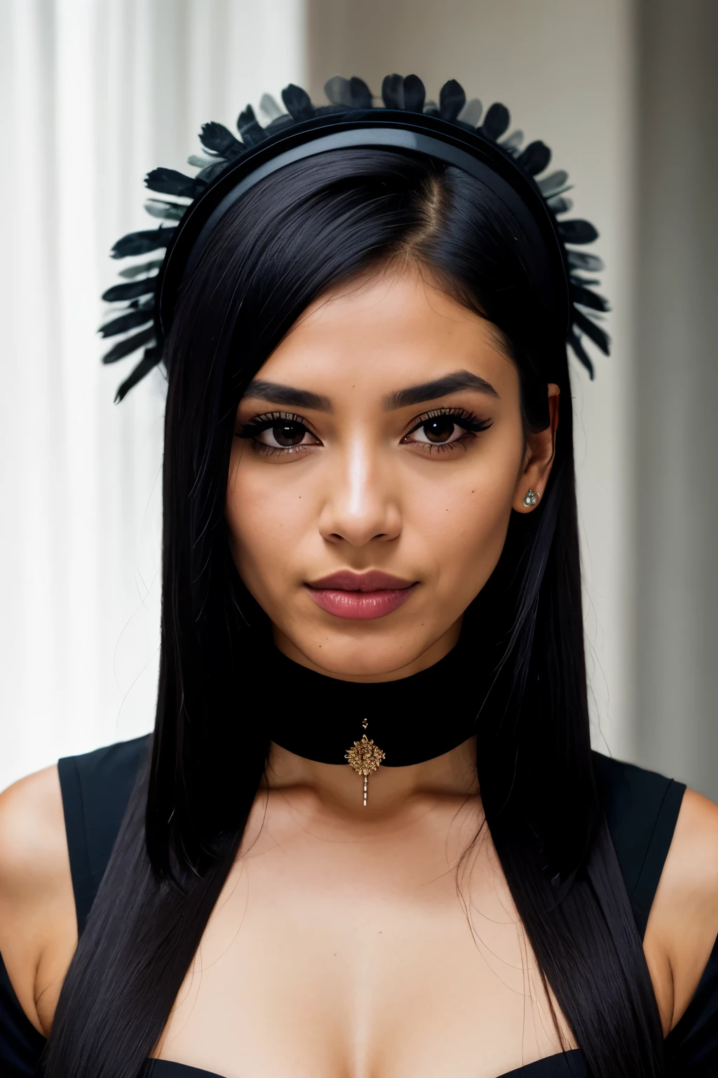 realistic portrait of an extremely beautiful Salvadorean woman, wearing a tight black Scuba Crepe 3/4 Sleeve Split V-Neck Sheath Dress, wearing a choker, detailed facial features, piercing eyes, wearing a headdress, elegant long eyelashes, beautiful lips, delicate nose, intricate jewelry, dramatic lighting, highly detailed, photorealistic, 8k, cinematic composition, dramatic pose, masterpiece