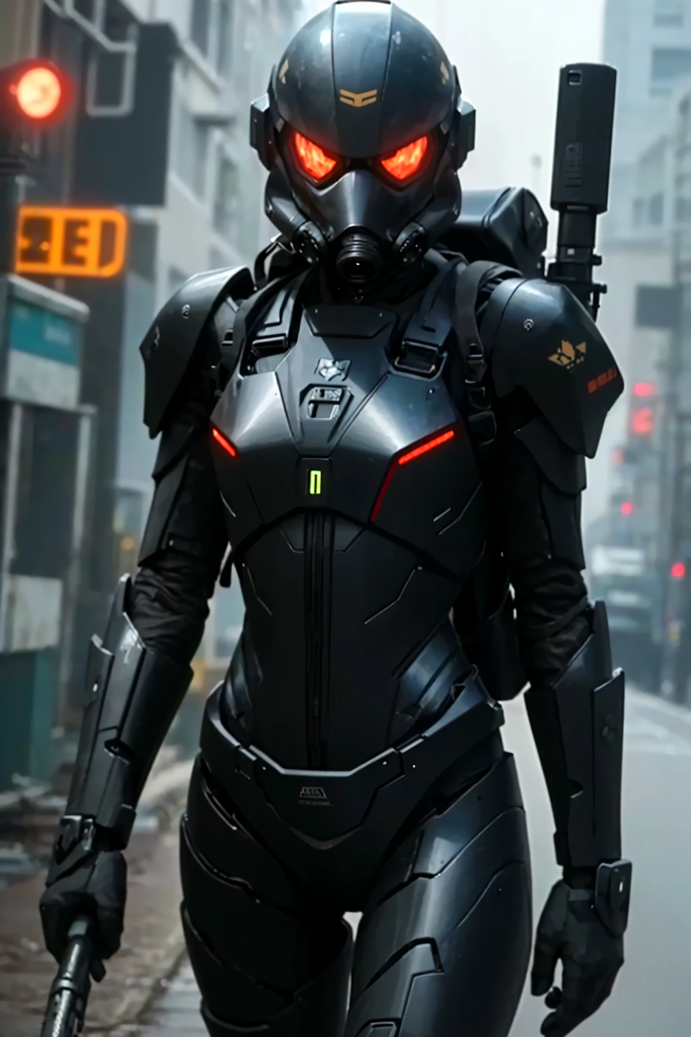 (Highest quality), future, (((Lots of girls))), black exoskeleton suit with backpack, Led, Gas mask with glaring gargle, holding blade, mechanical, Digital Sculpture, 超High resolution, Absurd, Deep shine effect, High resolution, Particles of light, Cinema Lighting, Depth of written boundary, Troopers, 