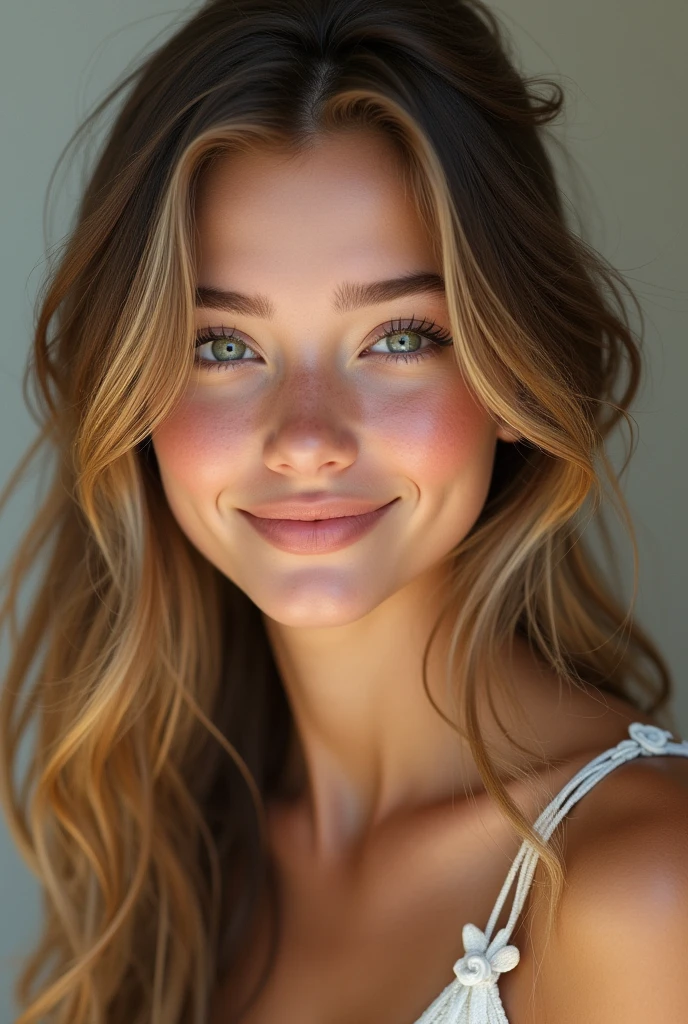 A beautiful teenage girl with long, wavy dark blonde hair, slightly dark green eyes, White and clear skin, dimples and a beautiful smile