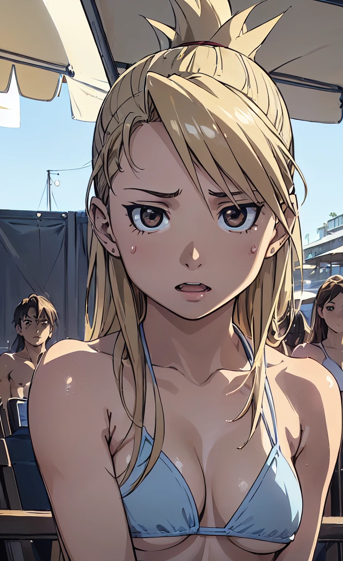 (((topless,vaginal sex,ahegao)))masterpiece, Highest quality, High resolution, One Girl, Hamriz, ponytail, Brown eyes,big , Micro Bikini、Beach,Outdoor、Upper body close-up、Muscular body、blush、Sweat、Composition from the front、anime、(((Light blue bikini、Stand in front、audience、Look forward)))