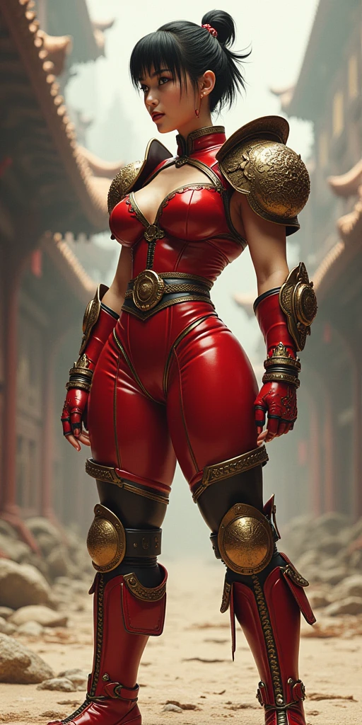 cover, Very short hair fit Woman wearing armor chun li cosplay, Womanly, impossibly small tiny waist abs waistline, circumference of lower extremities far exceeds 80 inches hips, she has massively immense hip measurements, with the worlds largest buttocks, location random, intense detail, bold leggings, hyper realistic, A bottom-heavy, superior body part, voluptuous lower body, feminine figure, portraits, Reductionist form, mujercore, bold lines, in the style of Mike Campau, Iris Van Herpen, Howard Schatz, Russian-Western, an Inferior Physical Goddess