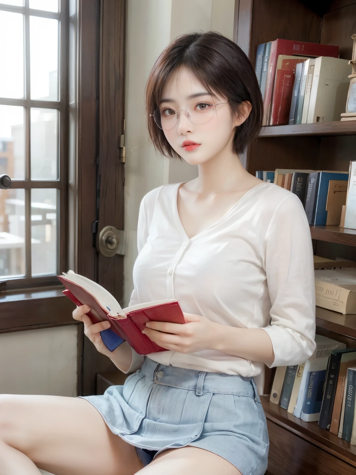 8k, Highest quality, masterpiece, Ultra-high resolution, (Realistic:1.4), whole body、RAW Photos, ((Short Hair))), Beautiful Details 1 Girl, (Realistic:1.4), High-resolution RAW color photos, Professional photos, Highly detailed eyes and face, Natural light, Facial details, White skin, Glowing Skin, Thin legs,Beautiful , Nice body, (((Reading a book in the library)))、Bookshelf、((White shirt、Blue ultra-mini skirt 、Glasses))、Very cute face