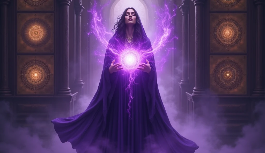 woman with violet priestess cloak, from within his chest comes a great violet flame, convey depth, in the background, a cabinet with radiesthesia mandalas