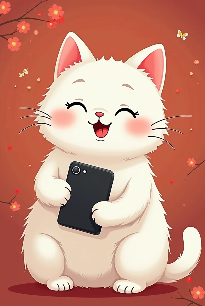 Lovely print presence,white cat holding mobile phone,sad expression,Cat holding mobile phone,Press Like on mobile phone,background chinese style,background magnet,