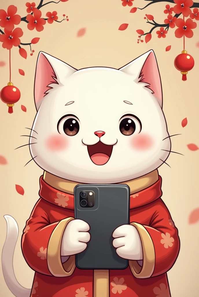 Lovely print presence,white cat holding mobile phone,sad expression,Cat holding mobile phone,Press Like on mobile phone,background chinese style,background magnet,